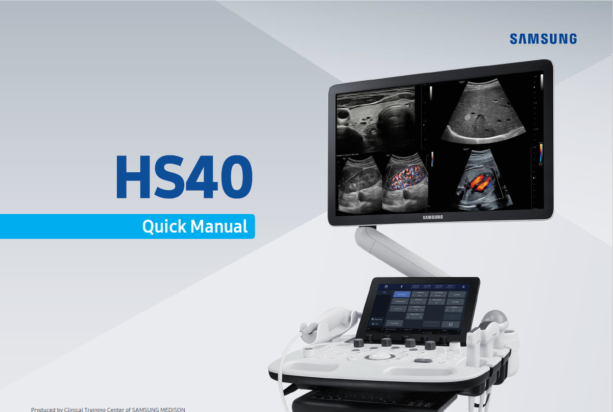 Quick start manual for Samsung HS40 ultrasound machine with instructions on scanning, presets, and image export