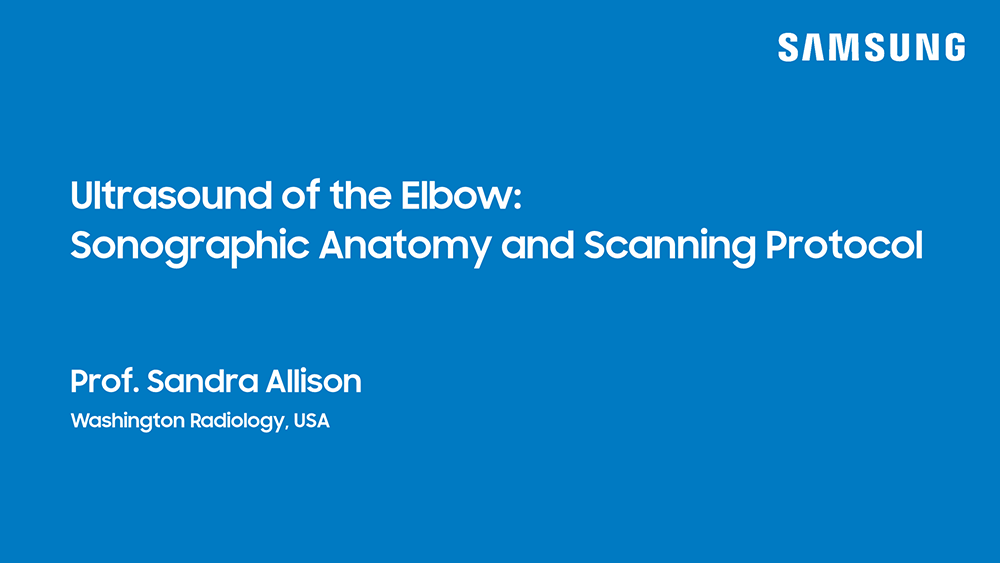 Webinar on elbow ultrasound highlighting sonographic anatomy and structured scanning protocols.